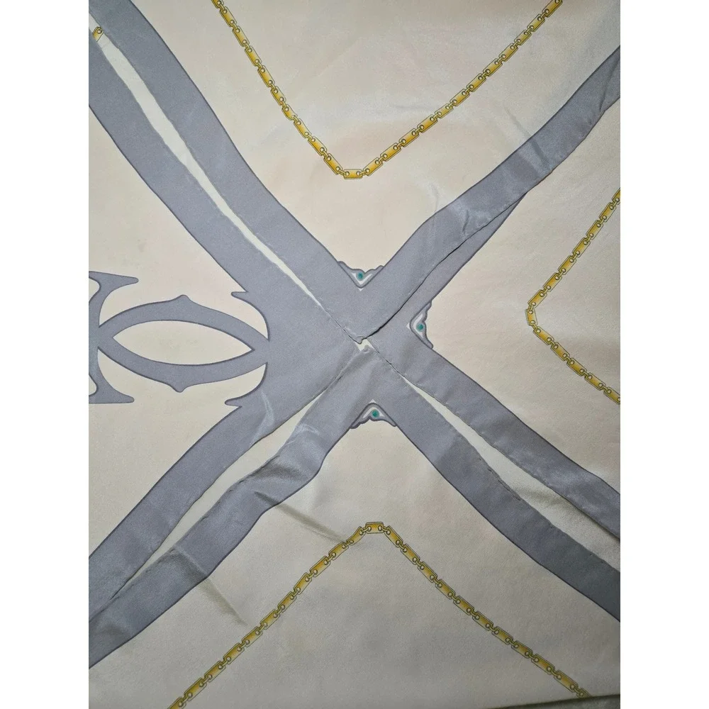 Must de Cartier Paris Silk Scarf Pink Grey Gold Chain Link Logo Square 31x31